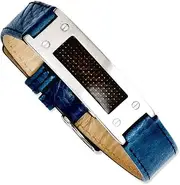 [JewelryWeb] Stainless Steel Brushed Adjustable Textured Blue Leather With Carbon Fiber Buckle Bracelet 14mm Wide Link-Bracelet for Women