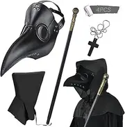 4PCS Plague Bird Doctor Mask PU Leather Long Nose Beak Mask with Cloak Crucifixion Necklace Scepter for Cosplay Halloween