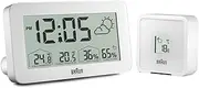 Braun Digital Weather Station Clock with Indoor and Outdoor Temperature and Humidity, Forecast, LCD display, Quick-set, Crescendo beep alarm in white, model BC13WP.