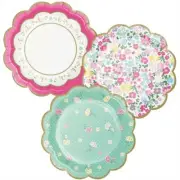 Floral Tea Party Scalloped 7 Inch Plates Paper Assorted Designs 8 Pack Birthday