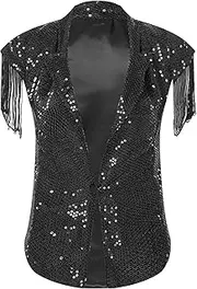 [TiaoBug] Women's Sequin Jacket Sparkly Cap Sleeve Tassel Blazer Night Club Disco Jazz Dance Stage Performance Costume