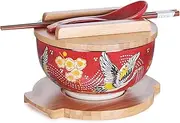 Happy Sales HSKM-CRNOR7, Japanese Kamameshi Vintage Style Rice Noodle Ramen Bowl with Bamboo Lid Trivet Chopsticks and Porcelain Spoon Bowl Set, Crane