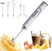 Milk Frother Handheld with 3 Heads, Electric Whisk Drink Foam Mixer with USB Rechargeable 3 Speeds Mini Frother - White