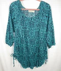 NEW, Women's XXL(20) Teal & Black Abstract Print 3/4 Sleeve Peasant Top