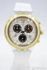 New Swatch Irony ELEGOLDEN White Silicone Chronograph Watch 43mm SVCK1008 $165