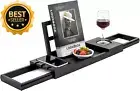 Black Bamboo Bath Caddy Tray Expandable Bathtub Shelf Adjustable Arms Holder