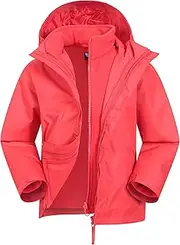 [Mountain Warehouse] Fell Kids 3 in 1 Jacket - Full Zip Girls Jacket, Water Resistant Boys Rain Coat, Detachable Inner Fleece, Packable Hood Childrens Coat - For Winter Red 13 years