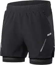 SHANGLIN 2-in-1 Men Running Shorts with Zipper Pockets Quick Dry Exercise Shorts for Training Gym Workout