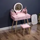 LED Luminous Princess Dresser Vanity Table with Mirror, Stool & Drawers Pink