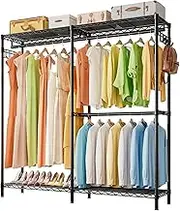 L Shaped Heavy Duty Clothes Rack - 3 Rods & 2 Hooks, Portable Wardrobe for Corner Space, Corner Clothing Rack, Black