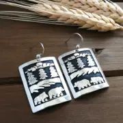 Amazing Navajo T&R Singer Sterling Silver Overlay Bear Trees Large Drop Earrings