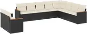 vidaxl Garden Sofa Set with Cushions - Black Poly Rattan Modular Outdoor Seating - 10-Piece with Storage - Black/Cream Acacia Wood armrests - Patio, Terrace, Backyard Lounge Furniture
