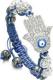 [BestAmulets] Evil Eye Protection Amulet Magic Eye Hamsa Hand Bracelet with Blue Cord Simulated Hematite Power Beads, 7.5 to 8 inches, White Clay, Simulated Hematite