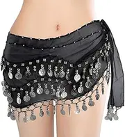 [Nimiman] Women's Belly Dance Hip Scarves Wave Wrap Skirts with 128 Silver Coins Chiffon Belly Dance Coin Belt