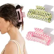 Large Checkered Claw Hair Clips for Thick Hair - 2pcs 4 Inch Rectangle Y2K Fashion Hair Clips in Pink Green Checkerboard