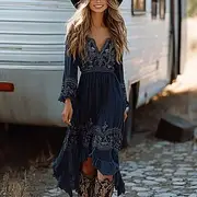 Women's Midi Dress Boho Dress Western Dress Fashion Classic Holiday Going out Weekend Regular Fit Flower Long Sleeve V Neck Dark Blue Summer