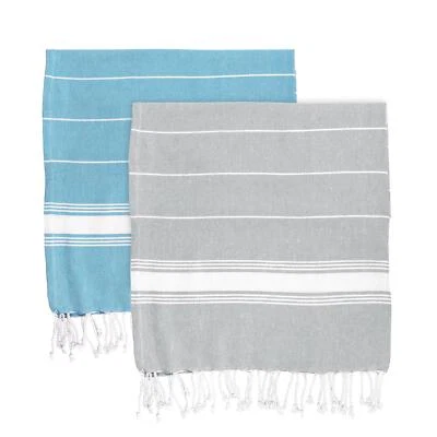 Turkish Cotton Towel Beach Bath Hammam Peshtemal Fouta Grey & Blue - Set of 2