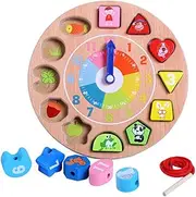 Learning Clock - Educational Toddler Toys,Wooden Learning to Tell Time Clock, Educational Color Shape Recognition Toy for Kids