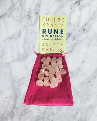 25pc Rose Quartz Rune Stones Set - Rune Divination Guidebook & Pouch Included
