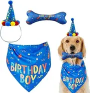 IDOLPET Dog Birthday Boy Bandana Hat Toy Set Pet Happy Birthday Party Supplies Triangle Bibs with Cute Bone Dog Birthday Scarf Accessories and Decoration for Doggy Large Dog – Blue