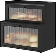 Furshus Double Layer Bamboo Bread Box for Kitchen Counter,Bread Holder,Countertop Bread Storage with Window (Black)