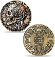 Memento Mori Skull Coin – Thorn-Crowned Skull with Roman Clock Design – Life Philosophy Token – Enjoy Today Quote – Symbolic Skull Keepsake for Men and Women