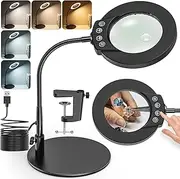 Cenawin Gooseneck Magnifying Glass with Light and Stand, 10 x 15 x Magnifying Lamp with Clamp and Base, 5 Colour Modes, Continuously Dimmable, Desk Lamp for Hobby Crafts, Reading