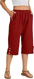 [WROLEM] Women Casual Capri Summer Pants Lightweight Linen Elastic Waist Drawstring Wide Leg Pants