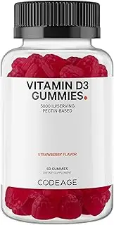 Codeage Vitamin D3 Gummies, Pectin-Based Chewable Vitamin D 5000 IU Supplement for Adults, Bone, Strawberry Flavor Sunshine Vitamins Gummy, Gelatin-Free, Gluten-Free, Non-GMO, 60 Counts