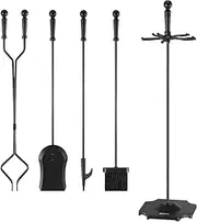 Firepit Poker Toolset Fireplace Tools Sets with Accessories Include Tong, Shovel, Base, Poker and Brush for Outdoor Indoor Fire Pit Modern Tool (5PC 205BL)