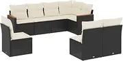 vidaXL Garden Sofa Set - 8-Piece Modular Rattan Seating w/Cushions & Wood Accents for Patio/Deck