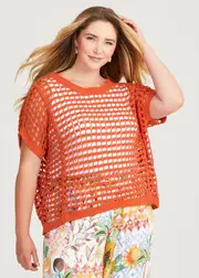 [Virtuelle] Taking Shape Cotton Open Knit Crochet Top Size 14-16 in RED Clay - Plus Size Women's Clothing Red Clay