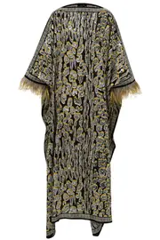 [IMAN NOOR] GOLD LEOPARD OF THE EAST CAFTAN WITH FEATHERED CUFFS ONE GOLD