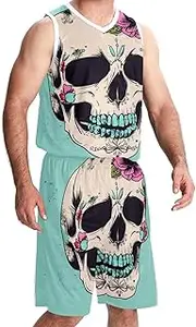 [KQNZT] Basketball Jersey, Jersey Shorts Outfit Set, Hip hop Clothing for Party, Flower Skull Retro Mexico