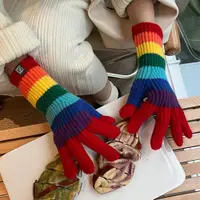 在飛比找ETMall東森購物網優惠-彩虹條紋針織女韓國二指情侶手套