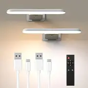 NARUNDREN 2 Pack Picture Lights for Wall, Rechargeable LED Picture Light Battery Operated with Remote, Dimmable Poster Light for Paintings, Portraits, Art Frames, Display Lighting for Wall Decor,White