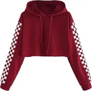 [HUILAN] Women's Checker Board Print Long Sleeve Pullover Crop Top Hoodie