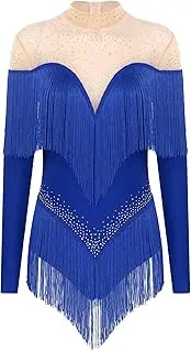 [Manyakai] Women Tassel Latin Dance Leotard Long Sleeve Sheer Mesh Shiny Fringe Tango Salsa Cha-Cha Bodysuit
