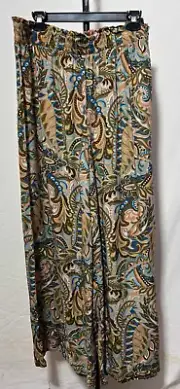 Rachel Roy XL Pants Rayon Beige Olive Multicolor Elastic Waist Wide Leg New NWT