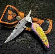 Custom HAND MADE Hand Forged Damascus Steel Folding Knife Engraving Leaf.US107