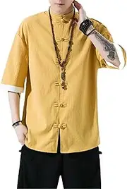 [Aoleaky] Men's Cotton Linen Short Sleeves Shirt Male Chinese Style Mandarin Collar Slim T Shirt Summer Tops Mens Shirts