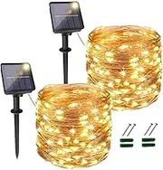 TheaPro 2 Pack 20M/65FT 200 LEDs Solar Fairy Lights Outdoor,Total 40M/131FT Christmas String Light 8 Solar Lighting Modes IP65 Waterproof for Bedroom Home Garden Wedding Party Xmas(Warm White)