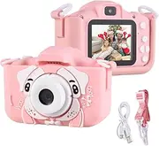 Mini Cartoon Kids Digital Camera 1080P Digital Video Camera for Kids Dual Lens 2.0 Inch IPS Screen Built-in Battery Cute Photo Frames Interesting Games with Neck Strap Pink Dog