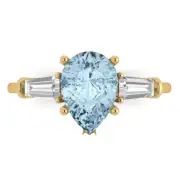 2.5 Pear Baguette 3stone Natural Aquamarine Promise Wedding Ring 14k Yellow Gold