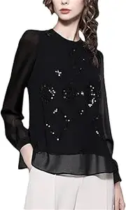 [Generic] Women Spring Summer Tops Long Sleeve Crew Neck Sequined Chiffon Blouse Loose Plus Size Lightweight Tulle Shirts