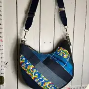 Lidia's Bags Women's denim Patchwork Denim Hobo crescent bag blue