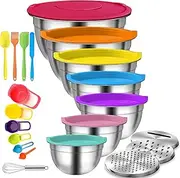 Menbyci 7 Pcs Mixing Bowls with Lids, Stainless Steel Nesting Bowls with 14Pcs Attachments, 3 Graters, Kitchen Utensils, Bowl Set for Kitchen Cooking Baking Prepping Serving