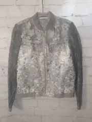 Elie Tahari Fatima Zip Jacket Silver Floral Embellished Lined Long Sleeve Size S