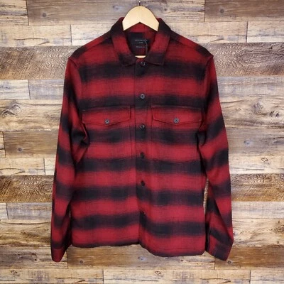 NWT Allsaints Flannel Men’s Shirt Red Black Plaid Relaxed Fit Size L