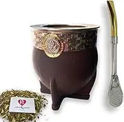 Hide & Smile Imperial Premium Handmade Mate Kit, Pumpkin and Leather Cup and Bombilla Set, Authentic Argentine Mate Gourd Tea, Includes Straw, Souvenir from Argentina, Original Design (Brown)